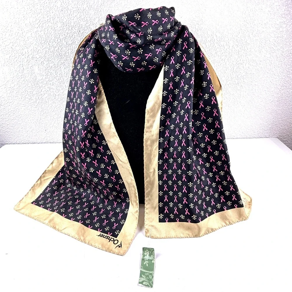 New Nola Couture Scarf Women OS Black Gold Pink 100%Silk Fleur De Lis Ribbon